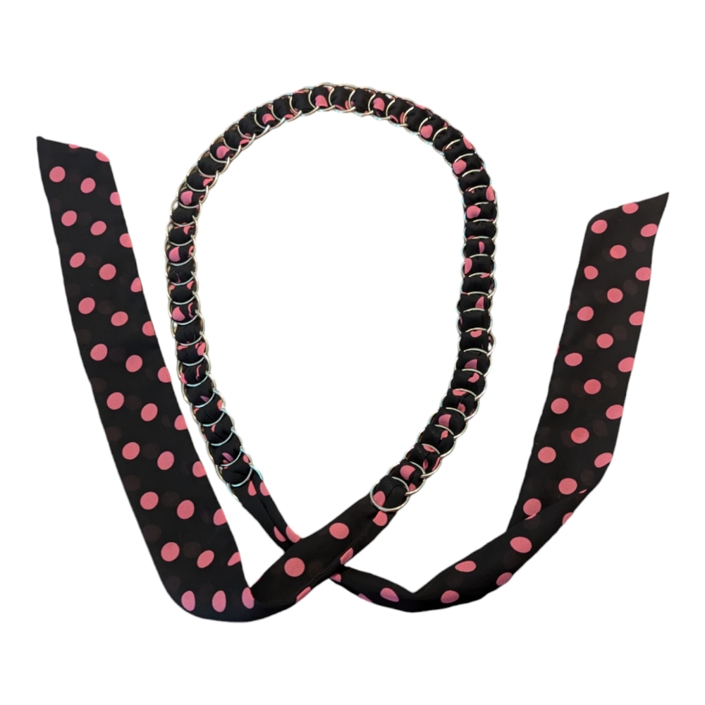 Vintage Retro Black Pink Polka Dot Silver Stainless Steel Loops Belt 33" Plus